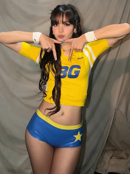 Art Print 2-Piece Set Women Metal Ring Classic t-Shirt+Mini Elastic Waist Short Sporty Summer Music Festival Suit
