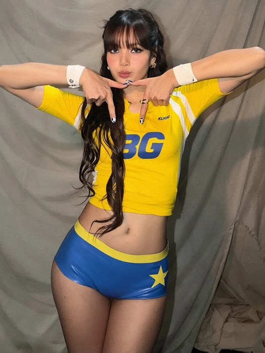 Art Print 2-Piece Set Women Metal Ring Classic t-Shirt+Mini Elastic Waist Short Sporty Summer Music Festival Suit