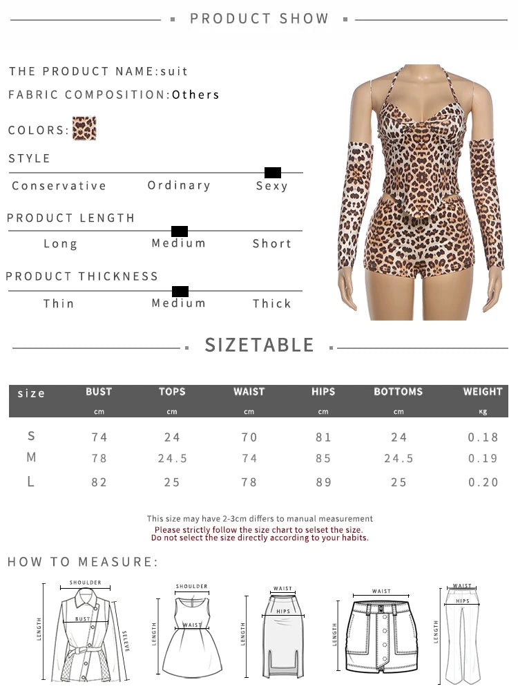 Leopard Print 3-Piece Set Women Arm Sleeve+Low-Neck Halter Bandage Backless Irregular Hem Vests+Simple Shorts Sexy Suits