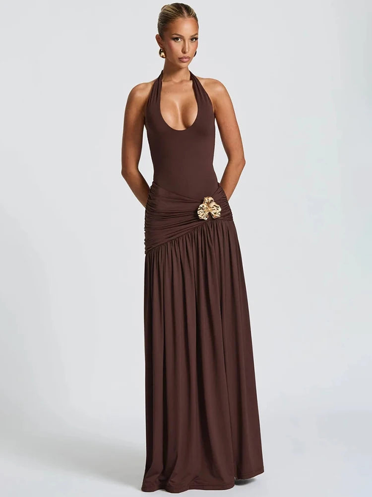 Elegant Backless Sexy Maxi Dress Set Women Halter Bodysuit And Maxi Skirt Matching Set Female Ruched Split Dress Sets