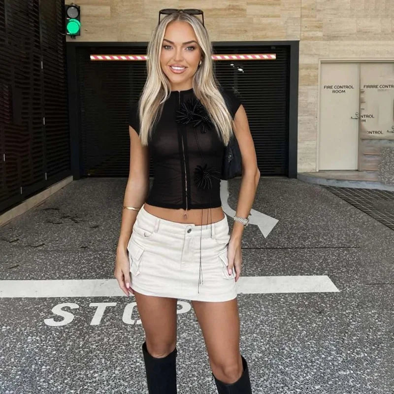 Sexy Mesh Sheer Black Shirts & Blouses 3d Flower Appliques Turtleneck Short Sleeve Crop Tops Cardigan