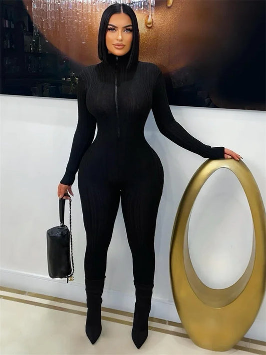 Activity Jumpsuits Women Turtleneck Zip Long Sleeve Stretch Skinny Streetwear Classic Fitness Workout Sporty Overalls