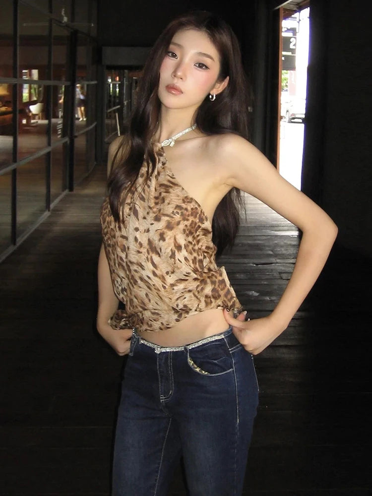 Sexy Halter Tank Tops Women Backless Leopard Lace-Up Hottie Skinny Stretch Street Music Festival Midnight Clubwear
