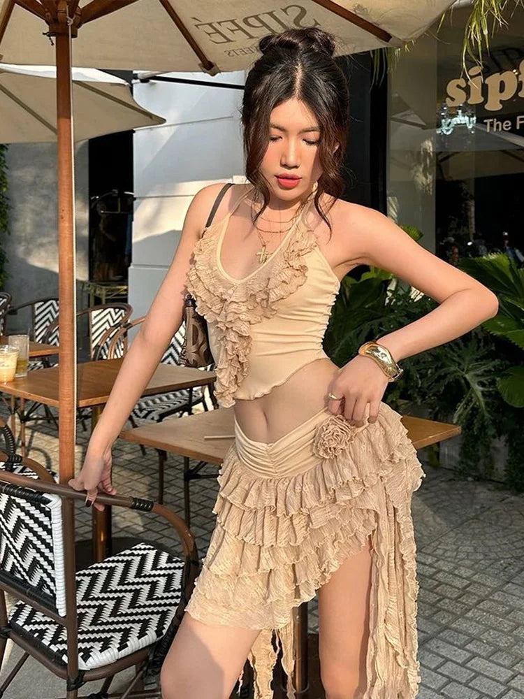 Summer 2 Piece Set Women Y2K Trend Chic Lace-Up Low-Neck Tierred Lace Collarmini Tops+Tassel Skirt Irregular Hem Suit