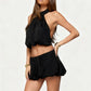 Women's 2 Piece Skirt Set Summer Solid Color Sleeveless Backless Halter Crop Tops with Bubble Mini Skirt Party Clubwear