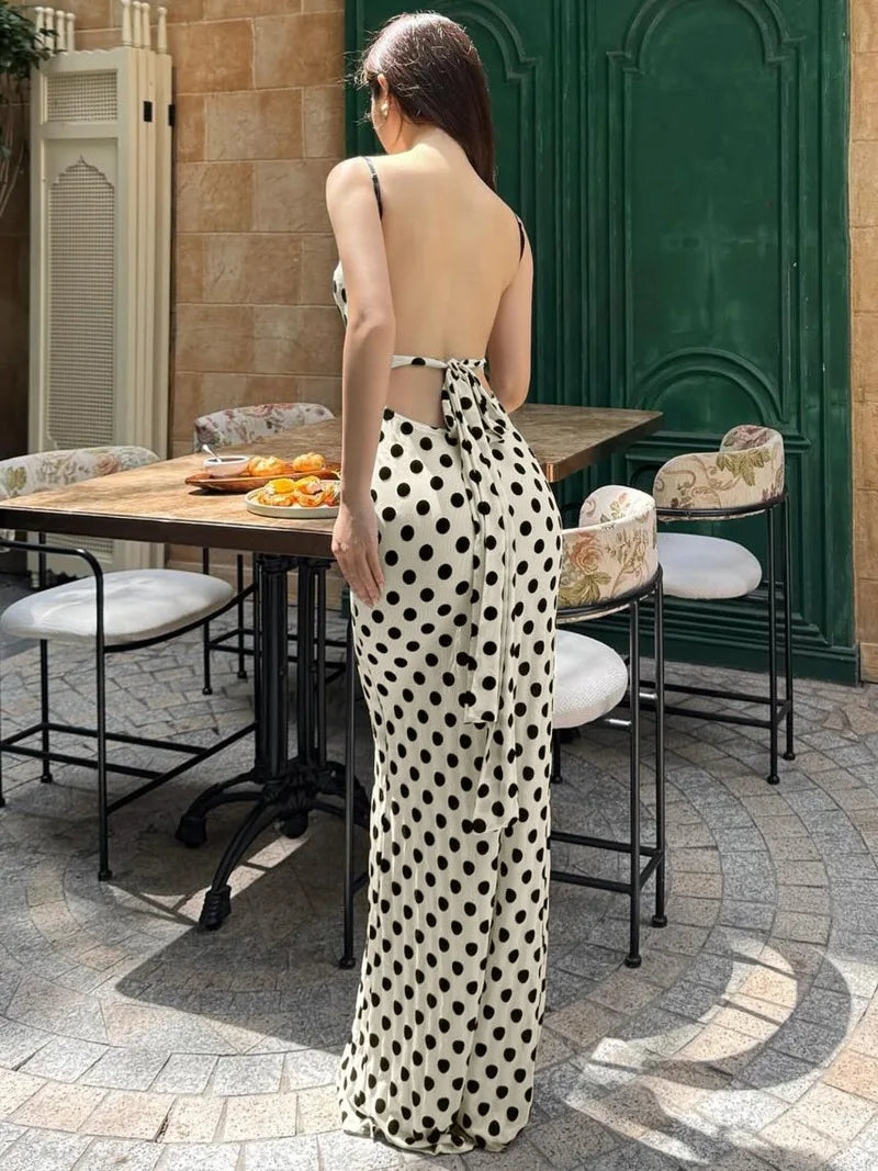 Retro Polka Dot Print Sleeveless Backless Maxi Dress Elegant Sexy Holiday Dresses Woman