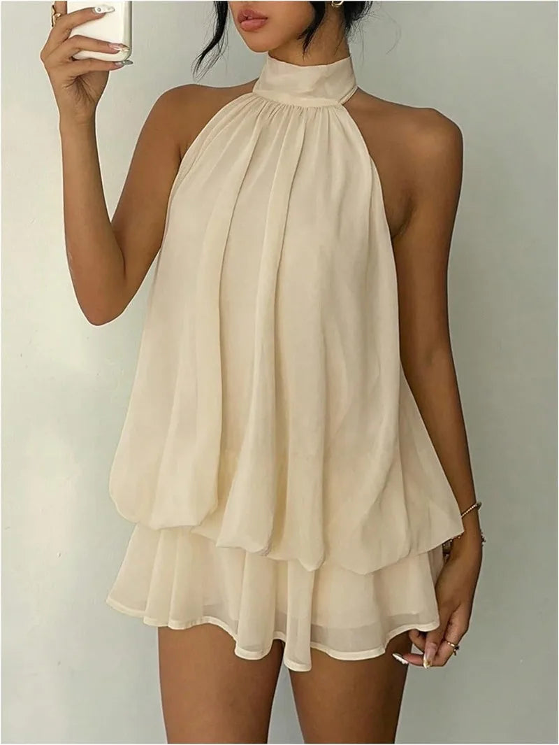 Elegant Women's Halter Neck Short Dress Summer Sleeveless Open Back Drop Waist Ruffle Mini Dress Beach Club Party Dress