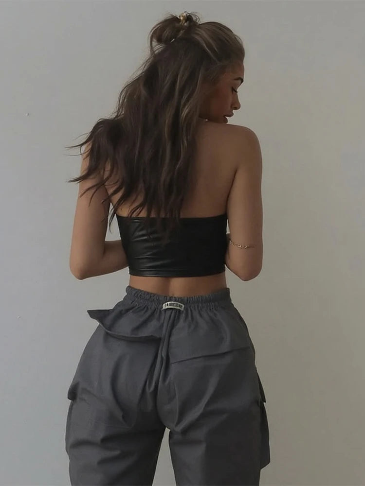 Sexy Faux Leather Camisole Women Y2K Hipster Zip Backless Sleeveless Wild Streetwear Basic Beach Vacation Trend Vest