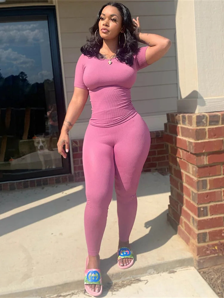 Summer Fashion 2-Piece Set Women o-Neck Simple t-Shirt+Elastic Waist Classic Pant Solid Comfortable Matching Suit