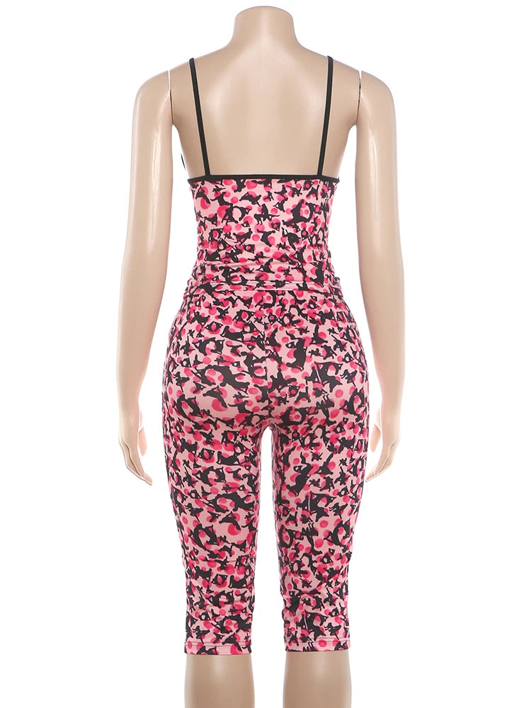Art Print 2 Piece Set Woman Low-Neck Backless Single-Breasted Camisole Tops+Skinny Peach Hip Crop Pants Sexy Suits