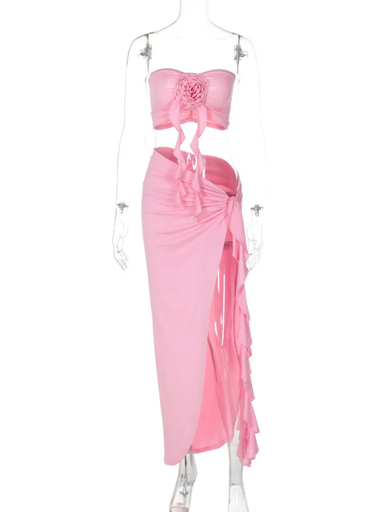 Sexy Skirt Two Piece Sets Women Flower Strapless Crop Tops And Midi Skirt Femme Backless Side Slit Sexy Two Piece Sets