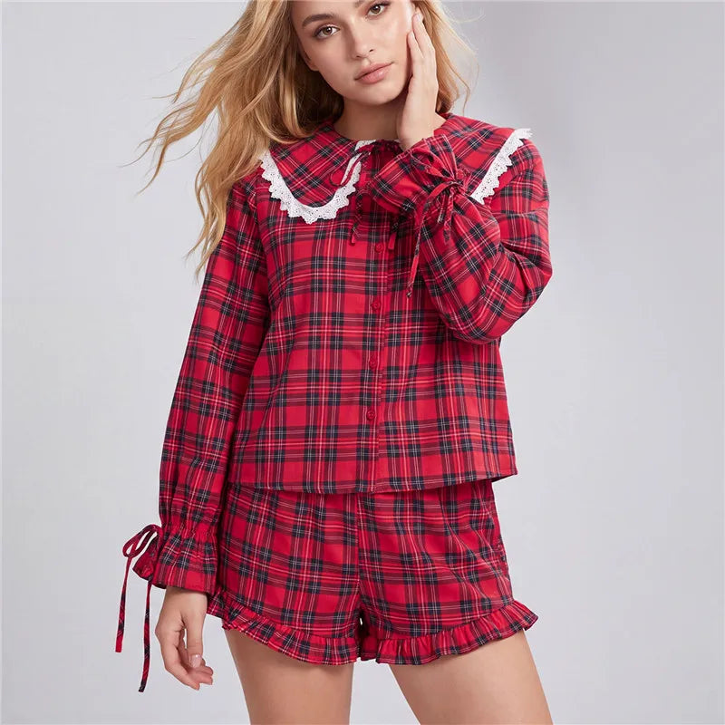 Women Christmas Plaid Two Piece Pajama Set Lace Collar Long Sleeve Button Top Ruffle Shorts Casual Loungewear Sleepwear