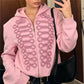 Y2K Women Structured Shoulder Zip Hoodie 3D Rope Embroidery Braid Trim Jacket Street Fashion Casual Winter Hooded Coat