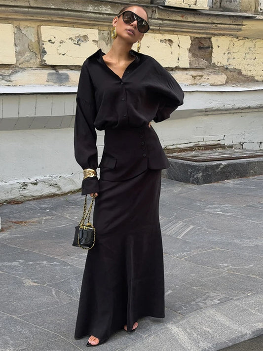 Single-Breasted 3 Piece Set Women Elegant Polo Neck Full Sleeve Blouse+Pinafore+Skirt Matching Trend Chic Streetwear