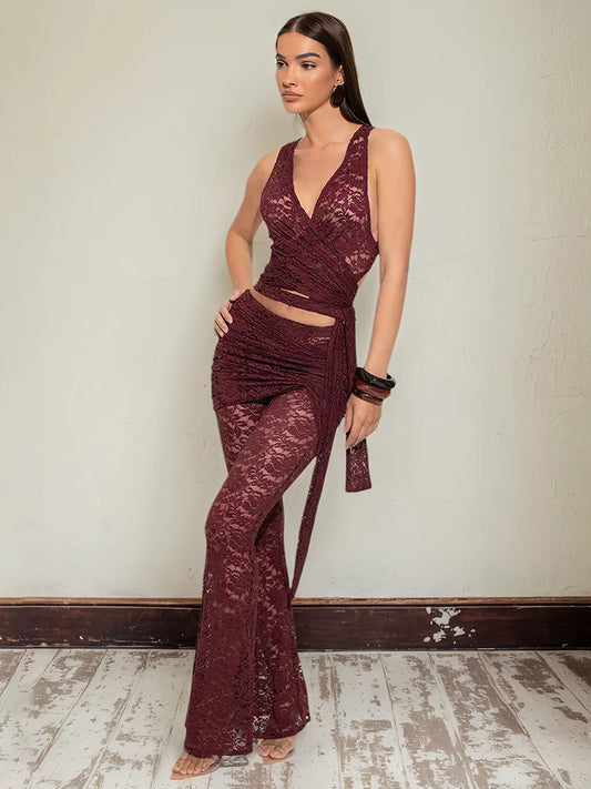 Jacquard Women 2 Piece Set Thin Summer Trend Backless Bandage Cross Tank Tops+Skirts Pants Matching Clubwear Outfits
