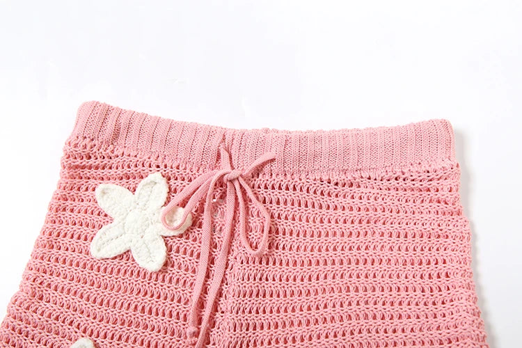 Crochet Women 2 Piece Set Sexy Applique Hollow Beach Back Bandage Strapless Tops+Shorts Midnight Vacation Clubwear