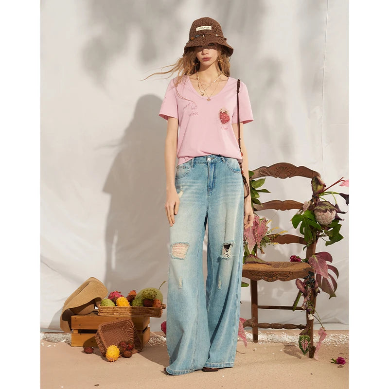 Strawberry Print Loose Fit Graphic Tee, Punk Street Casual Knit T-Shirt, Sweet Cool Daily Top for Women