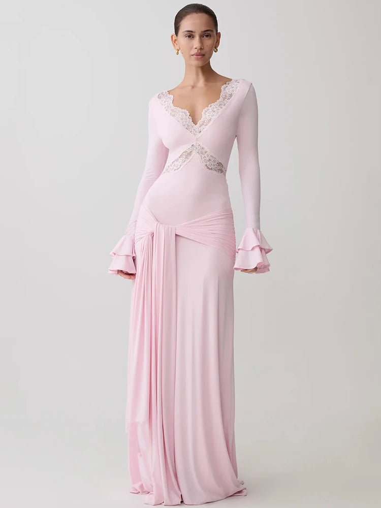 Women V‑Neck Lace Patchwork Sexy Maxi Dress Long Flare Sleeve Bodycon Mermaid Evening Dress  Party Wedding Guest Dress