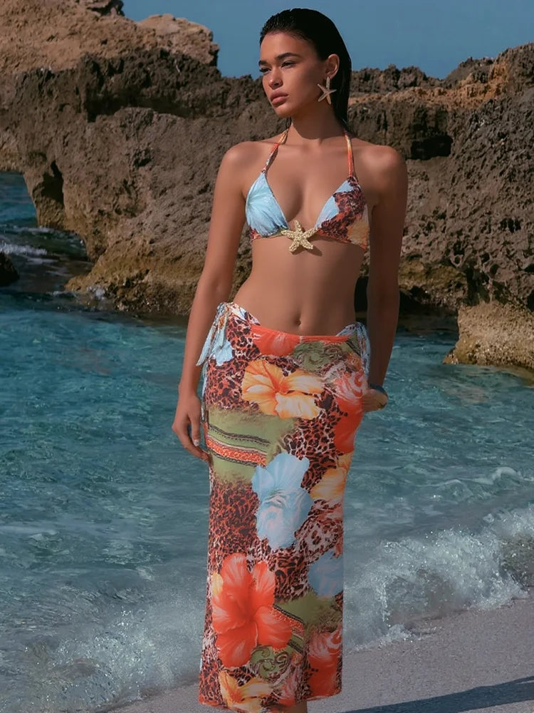 Colorful Print 3Piece Set Women Swimsuit Beach Style Bandage Bra+Briefs+Maxi Skirts Vacation Midnight Club Party Suit