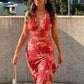 Halter Deep V Neck Ruffled Sexy Maxi Dress For Women Fashion Sleeveless Backless High Waist Bodycon Club Printed Dress