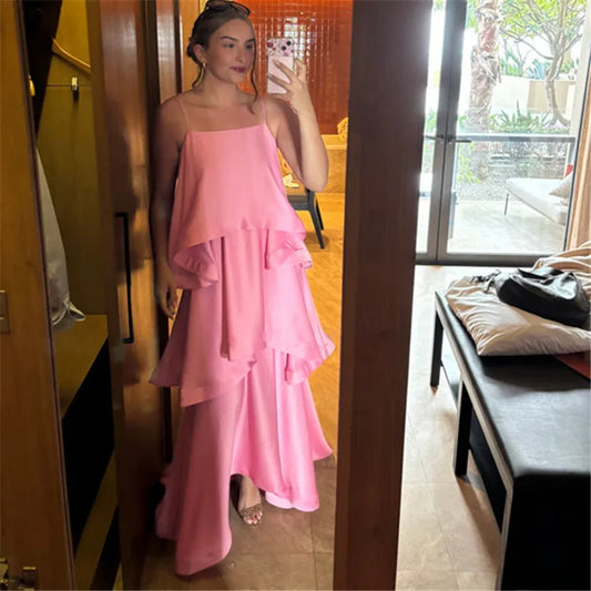 Women Spaghetti Strap Dress Layered Tiered Flowy Summer Long Dress Sleeveless Geometric Neck Backless Party Dresses