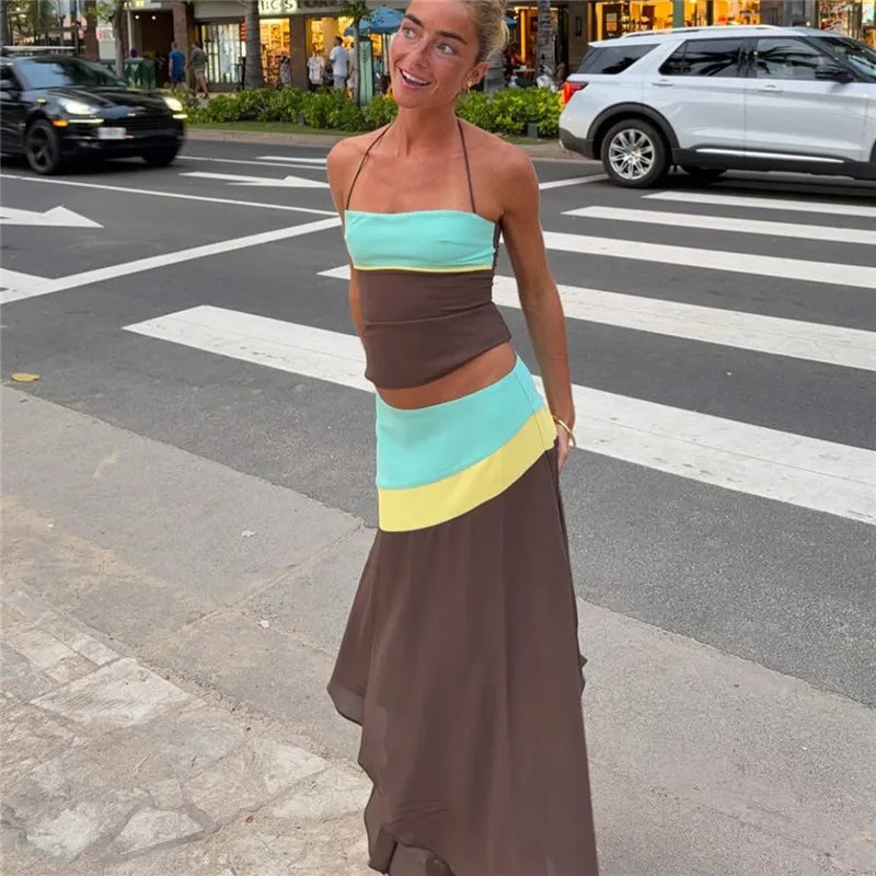 Women Color Block Halter 2 Piece Set Lace‑Up Back Corset Top Asymmetrical Maxi Skirt Summer Party Beach Matching Outfit