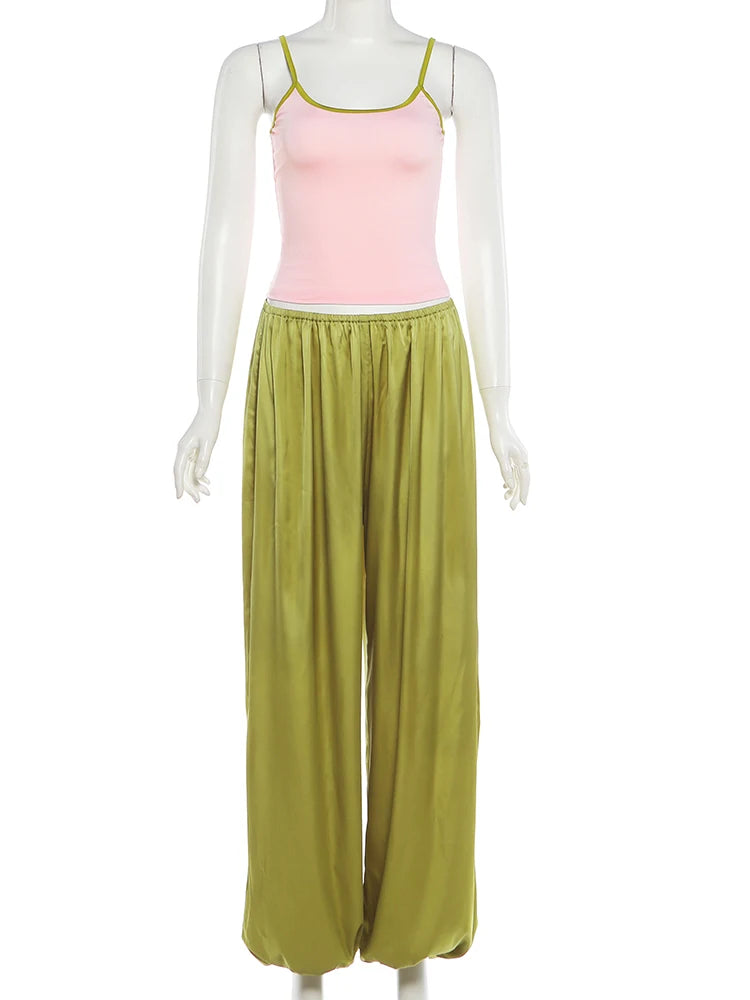 High Street 2 Piece Set Woman Color Blocking Low-Neck Backless Navel Exposed Camisole+Straight Pants Casual Fashion Suit