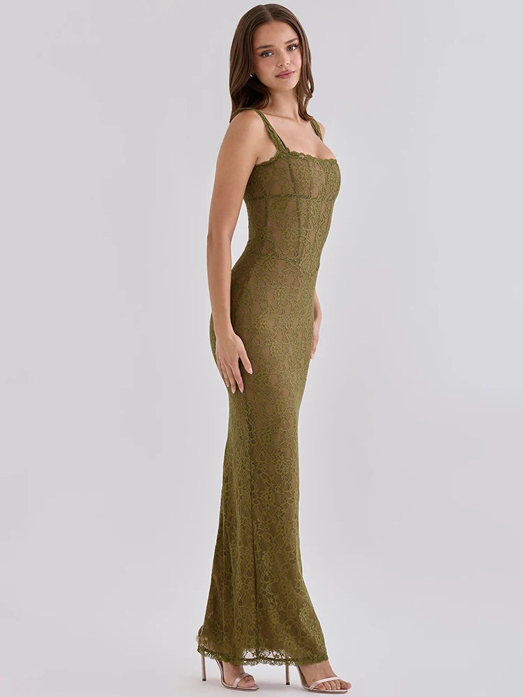 Women Elegant Lace Sexy Maxi Dress Sleeveless Spaghetti Strap Bodycon Dress Party Evening Cocktail Mermaid Dresses