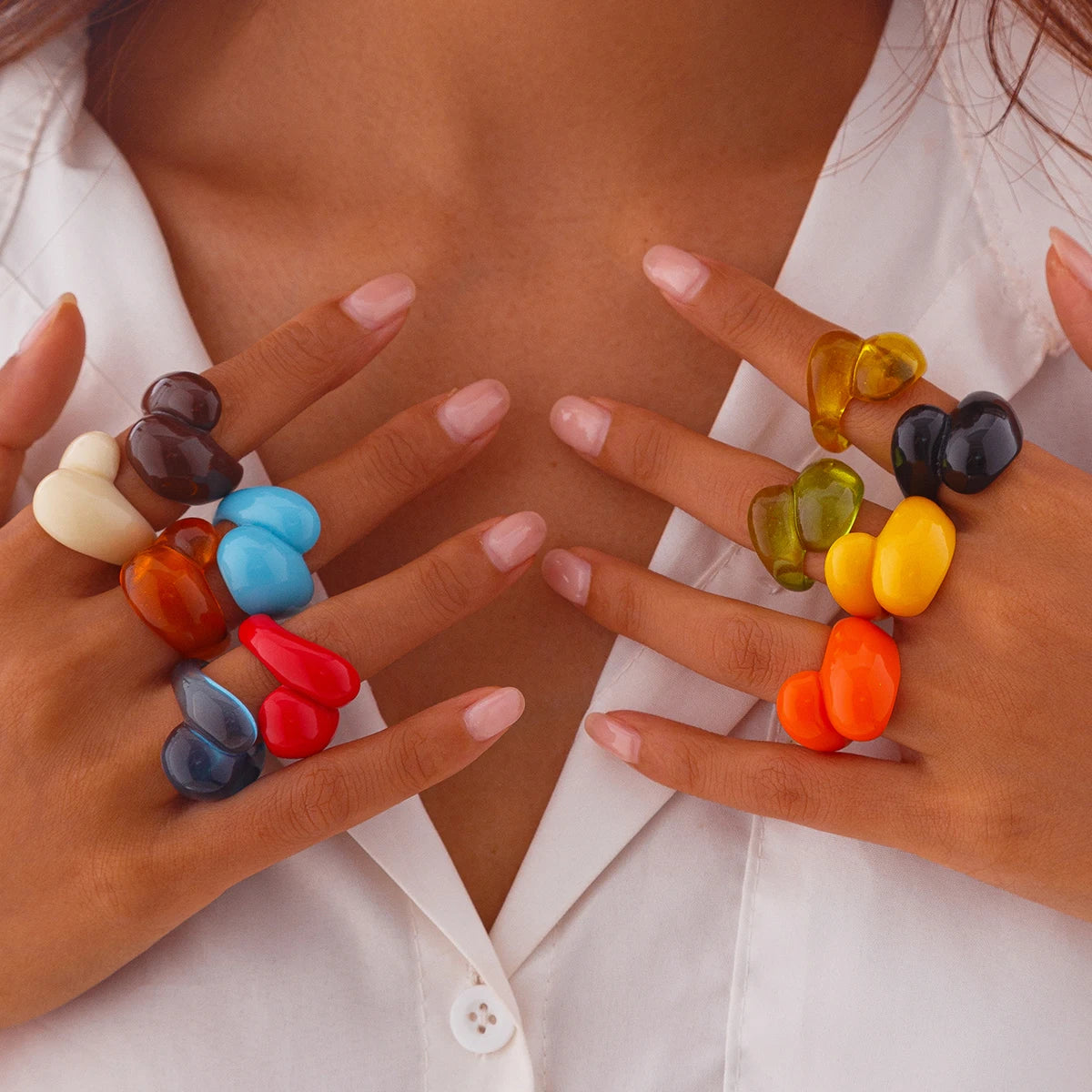 Multicolor Resin Water Drop Chunky Rings Women Boho Geometric Open Cuff Finger Rings Y2K Wed Jewelry Party Accessories