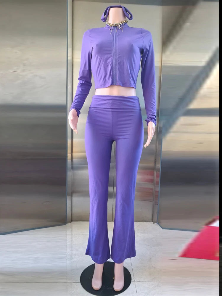 Casual Tracksuit Women 3-Piece Set Sporty Stretch Zip Crop Jacket+Leggings+Headband Fitness Stretch Street Outfits