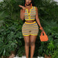 Colorful Stripe 2 Piece Set Women Tracksuit Crochet Single-Breasted Crop Tops+Shorts Street Classic Matching Suit