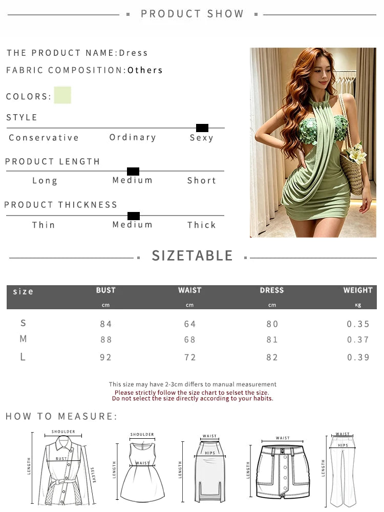 Sequin Summer Trend Dress Women Patchwork Folds Backless Sleeveless Halter Sexy Midnight Hottie Party Street Mini Bodycon