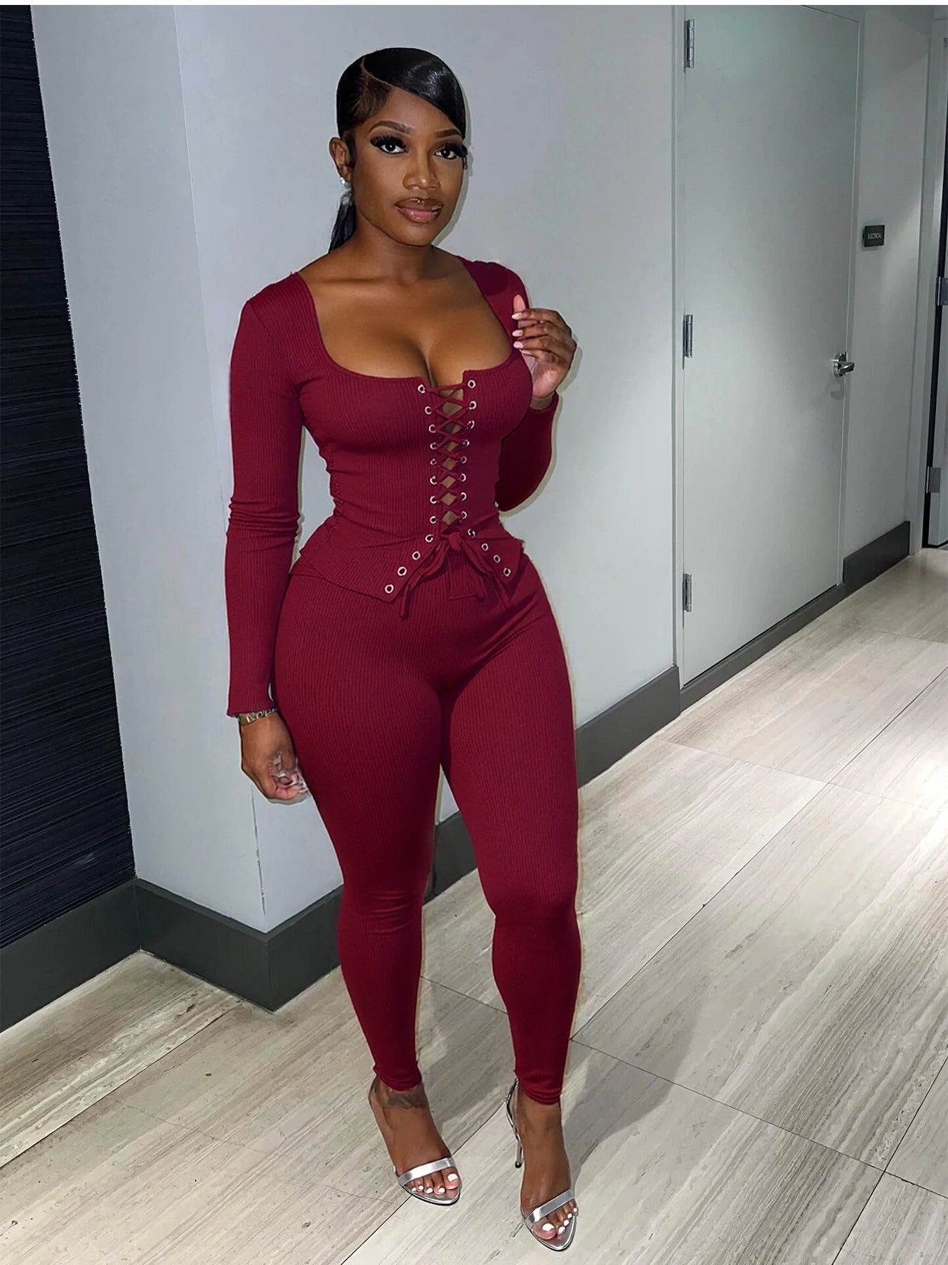 Hottie Tracksuits 2-Piece Set Women Shirring Square Collar Crop Top+Pants Matching Simple Sporty Stretch Slim Outfits