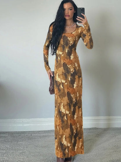 Tie Dye Elegant Maxi Dress Women U-Neck Long Sleeve Sexy Autumn Trend Simple Evening Stretchy Skinny Clubwear Bodycon