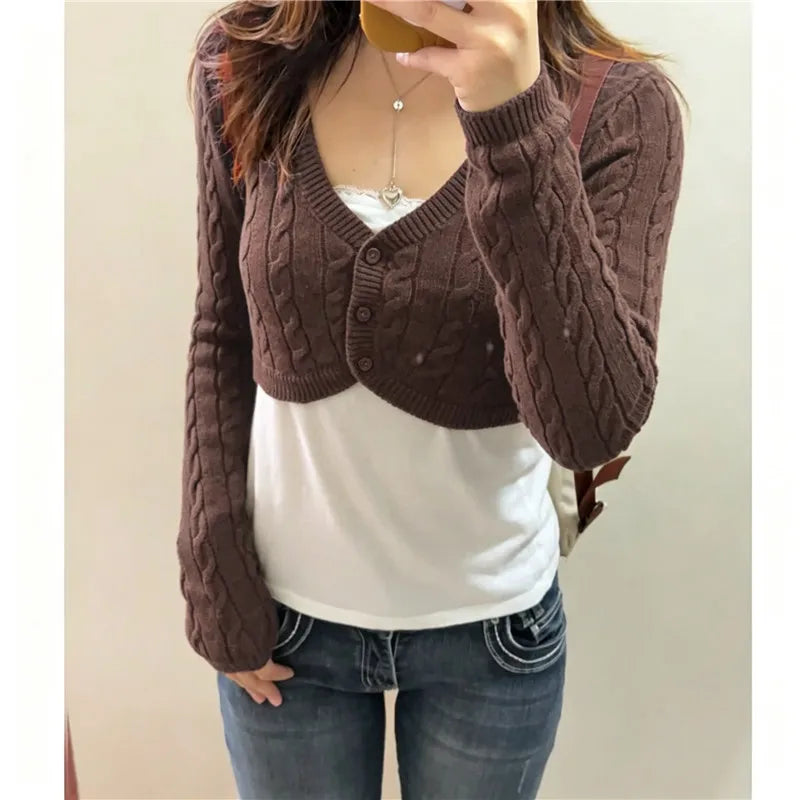 Women Y2K Cable Knit Cropped Bolero Cardigan V Neck Button Long Sleeve Super Short Knit Shrug Sweater Outerwear Tops