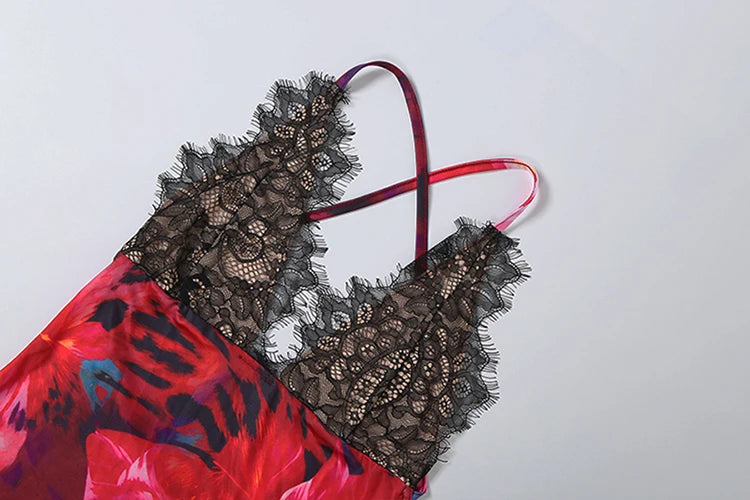 Lace Patchwork Sling Dress Woman Flower Print Low-Neck Cross Bandage Backless Summer Street Sexy Fashion Long Bodycon