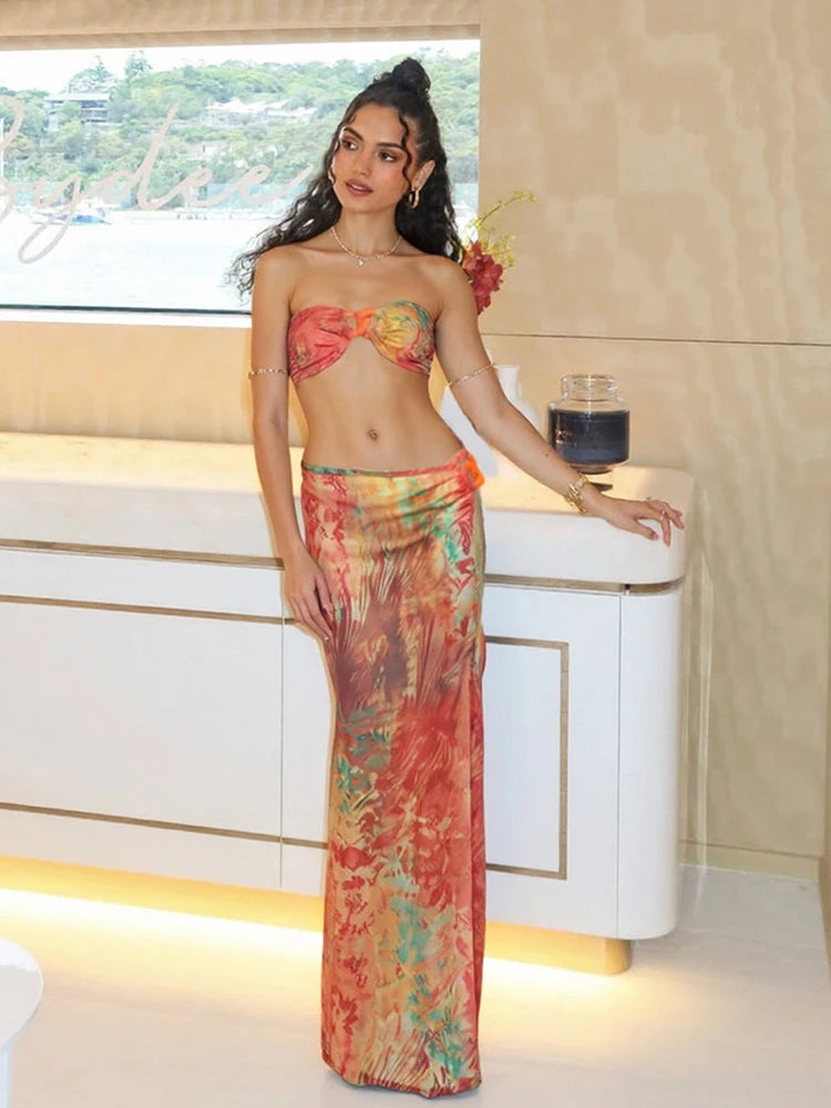 Sexy 3 Piece Set Women Y2K Colorful Print Double Buckle Tube Bra+Thong+Split Skirts Vacation Beach Clubwear Swimsuit