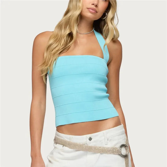 Vintage Ribbed Knit Halter Cami Top Women Back Zipper Horizontal Stripe Fitted Tank Top Daily Basic Sleeveless Vest