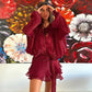 Elegant Womens Ruffle Mini Dress Long Lantern Sleeve Tie-up Front Solid Color Pleated Dress Short Flowy Dress Party Club