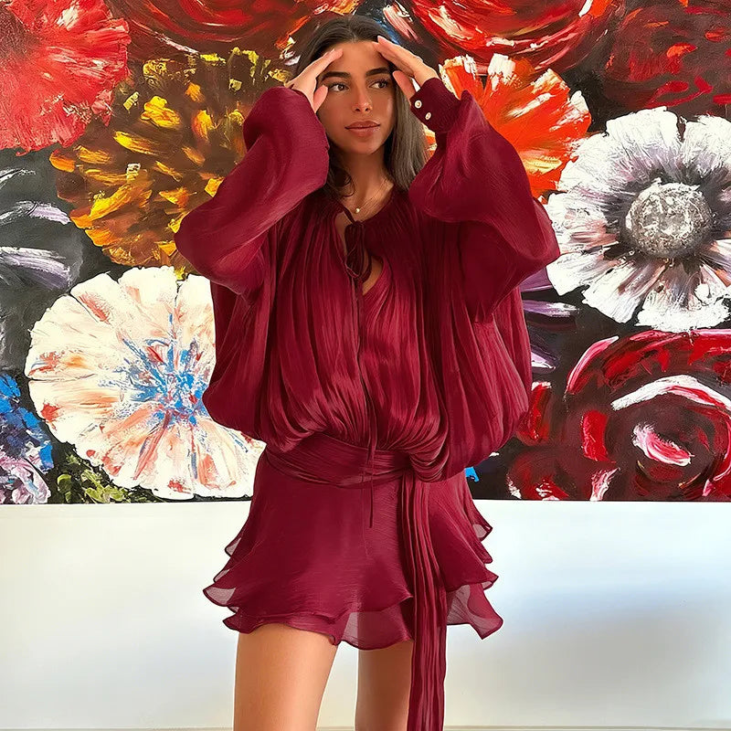 Elegant Womens Ruffle Mini Dress Long Lantern Sleeve Tie-up Front Solid Color Pleated Dress Short Flowy Dress Party Club