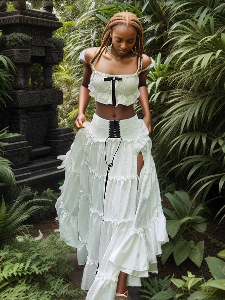 Sweet 2-Piece Set Women Y2K Slash neck Patchwork Lace Bow Crop Tops+High Split Bandage Skirts Matching Vacation Suits