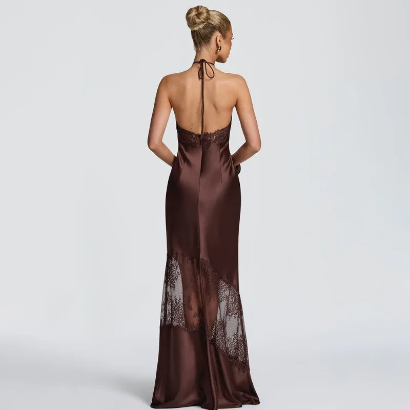 Leopard Print Satin Lace Patchwork Evening Dresses 2026 Sexy Elegant Halter Backless Maxi Dress