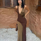 Fashion Backless Dress Women Sexy Bright Silk Patchwork Halter Sleeveless Simple Elegant Vacation Party Club Bodycon