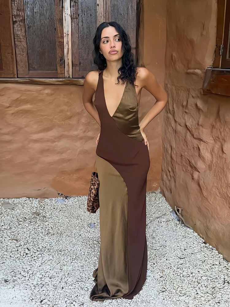 Fashion Backless Dress Women Sexy Bright Silk Patchwork Halter Sleeveless Simple Elegant Vacation Party Club Bodycon