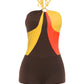 Color-Blocking Playsuits Woman Metal Rings Patchwork Halter Off Shoulder Backless High Street Sexy Fashion Rompers