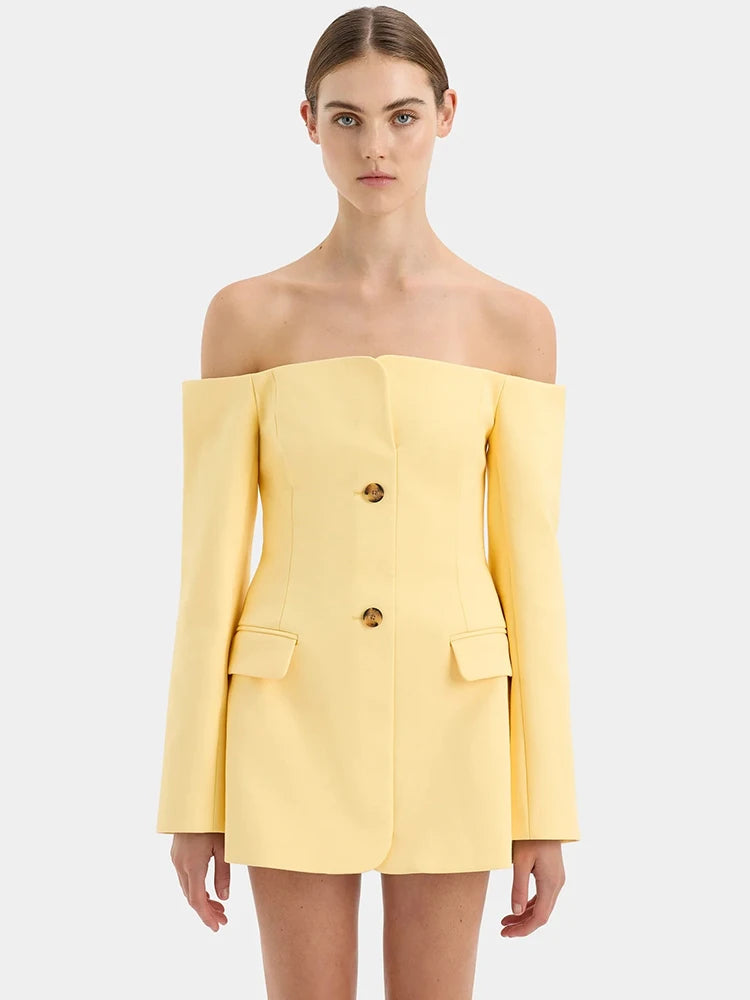 Off-shoulder Strapless Sexy Blazer Dress For Women Fashion Solid Zipper Two Pocket Long Sleeve Backless Mini Dress