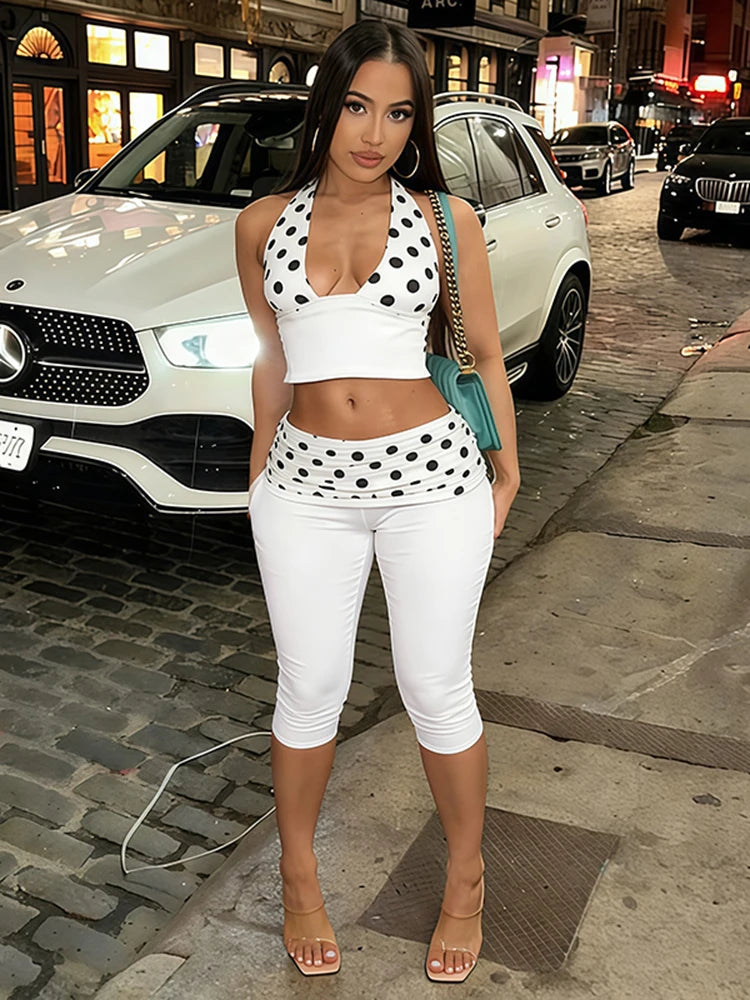 Trend Hottie 2 Piece Set Women Polka Dot Print Patchwork Halter Backless Vest+Ruched Capri Pants Fashion Streetwear