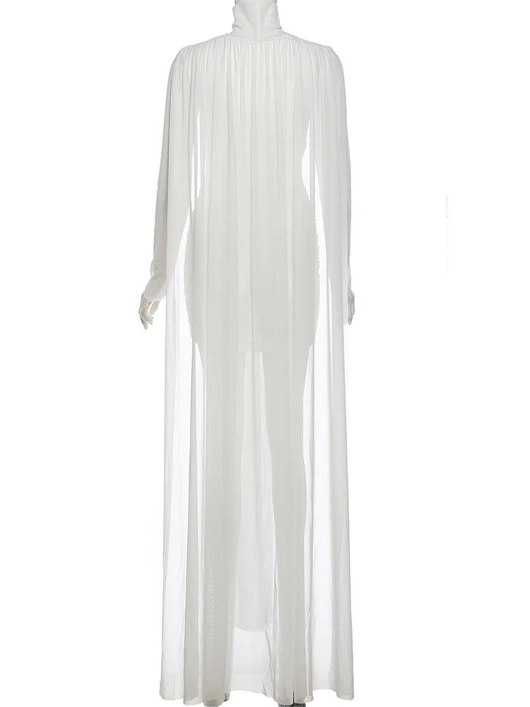 Turtleneck Ruched Elegant Long Dress Woman Mesh Patchwork Cape Full Sleeve Tassel Decoration Prom Party Gown Vestidos