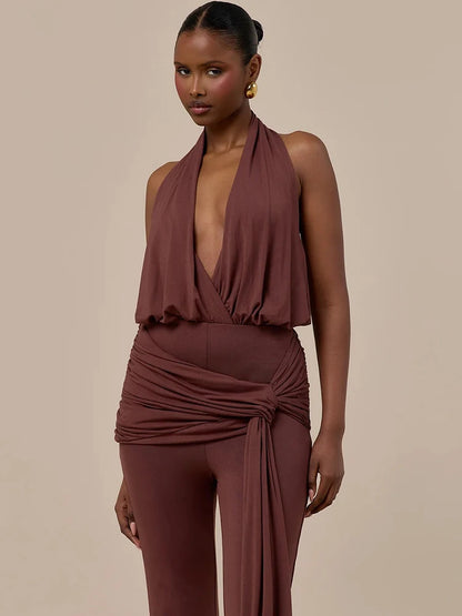 Halter Deep V Neck Sexy Jumpsuit Women Elegant Sleeveless Backless Draped Ruched Waist Skinny Club Party Dresses