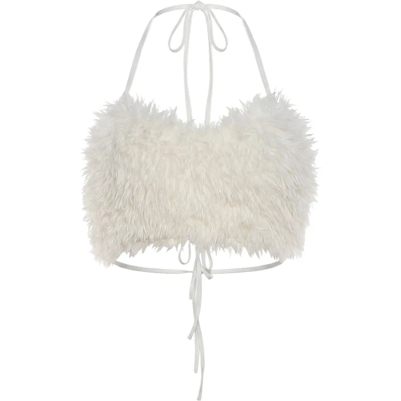 Hottie Backless Furs Tank Top Women Sexy Fashion Halter Bandages Elegant Simple Party Clubwear Trend High Street Vest